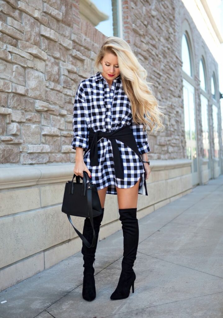 Plaid Shirt Dress + Crossbody Bag + White Boots