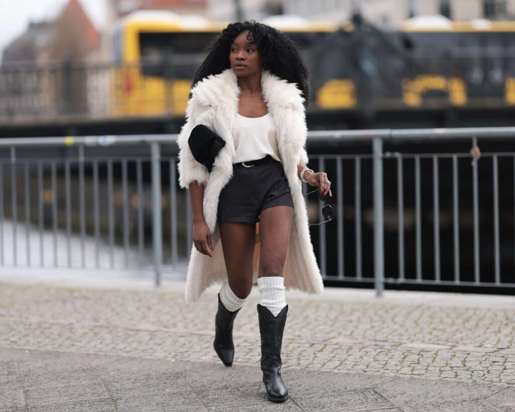 Skirt + Button-Up Shirt + White Cowboy Boots