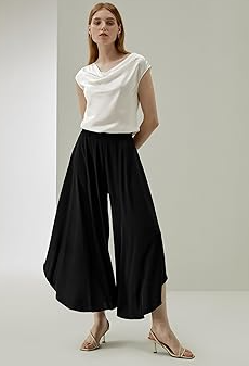 High-waisted black palazzos with silk blouse
