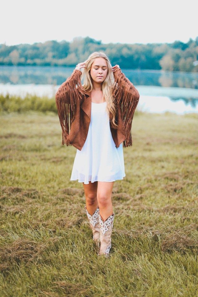 Ruffled Mini Dress + Leather Jacket + White Cowboy Boots