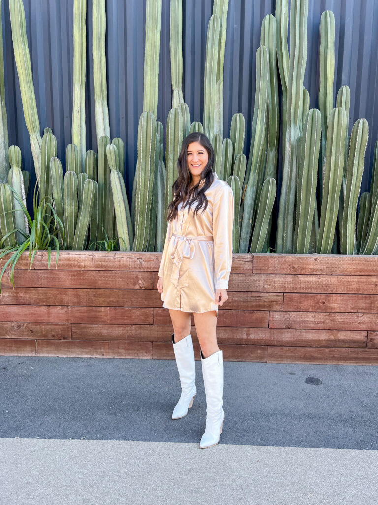 Floral Midi Dress + Denim Jacket + White Cowboy Boots
