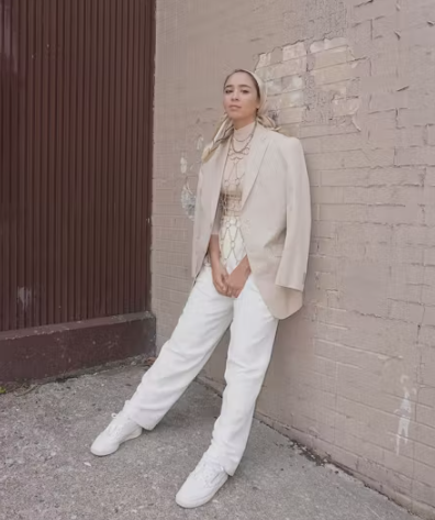 Beige Pants with White T-Shirt and Sneakers