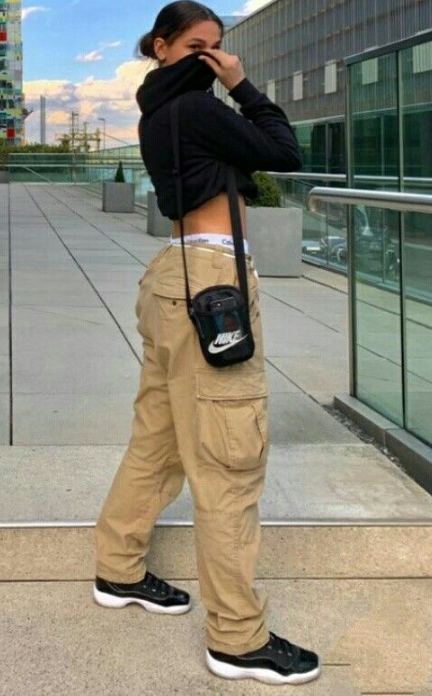 Beige Pants with Black Crop Top
