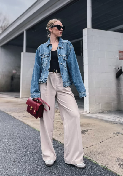 Beige Straight-Leg Pants with Denim Jacket