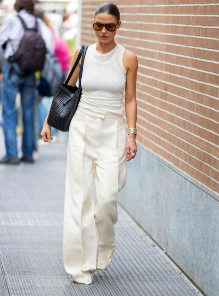 Beige Wide Leg Pants with a Fitted Top