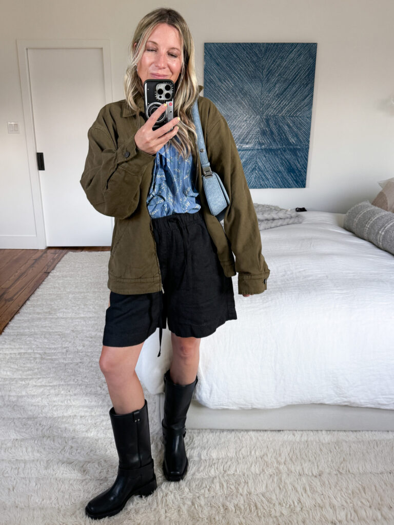 Denim Midi Skirt + Cropped Cardi + Moto Boots