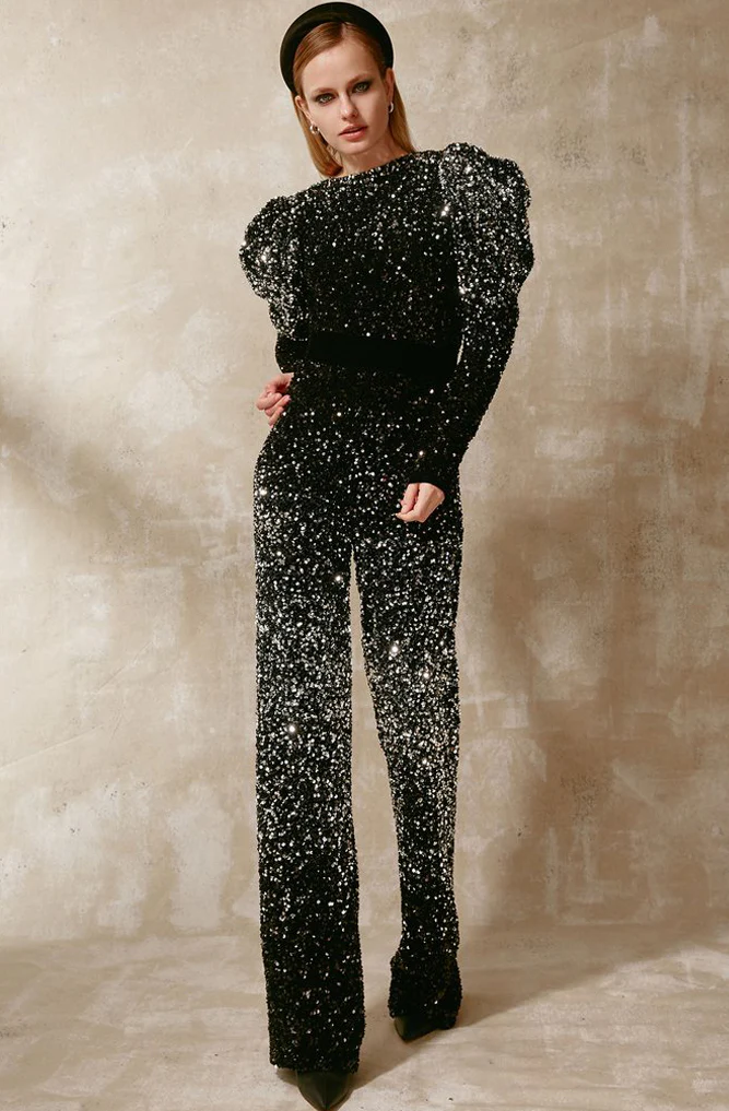 Sequin Jumpsuit + Feather Bag