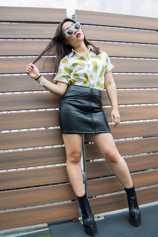 Mini Skirt with a Printed Button-Up Shirt