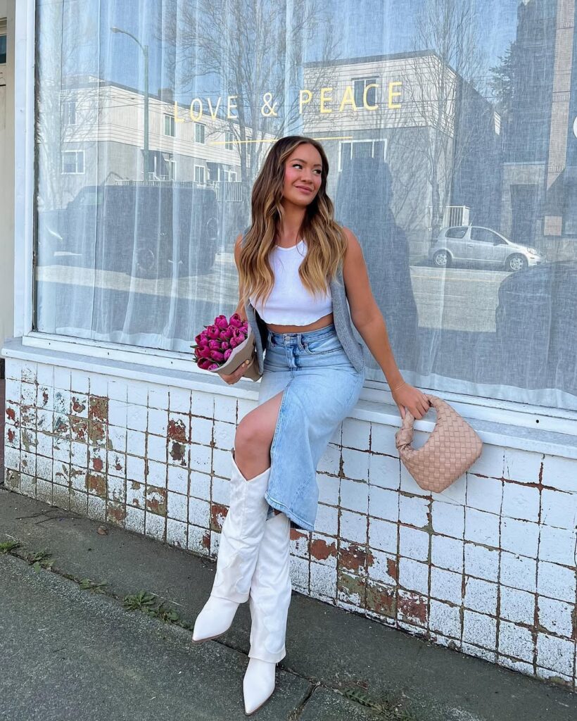 3. Denim Mini Skirt + Turtleneck + Sheer Tights