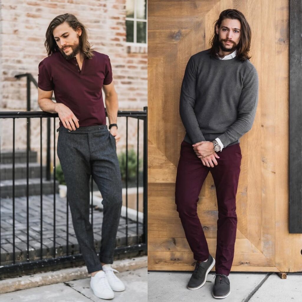 Grey Sweatshirt + Maroon Pants
