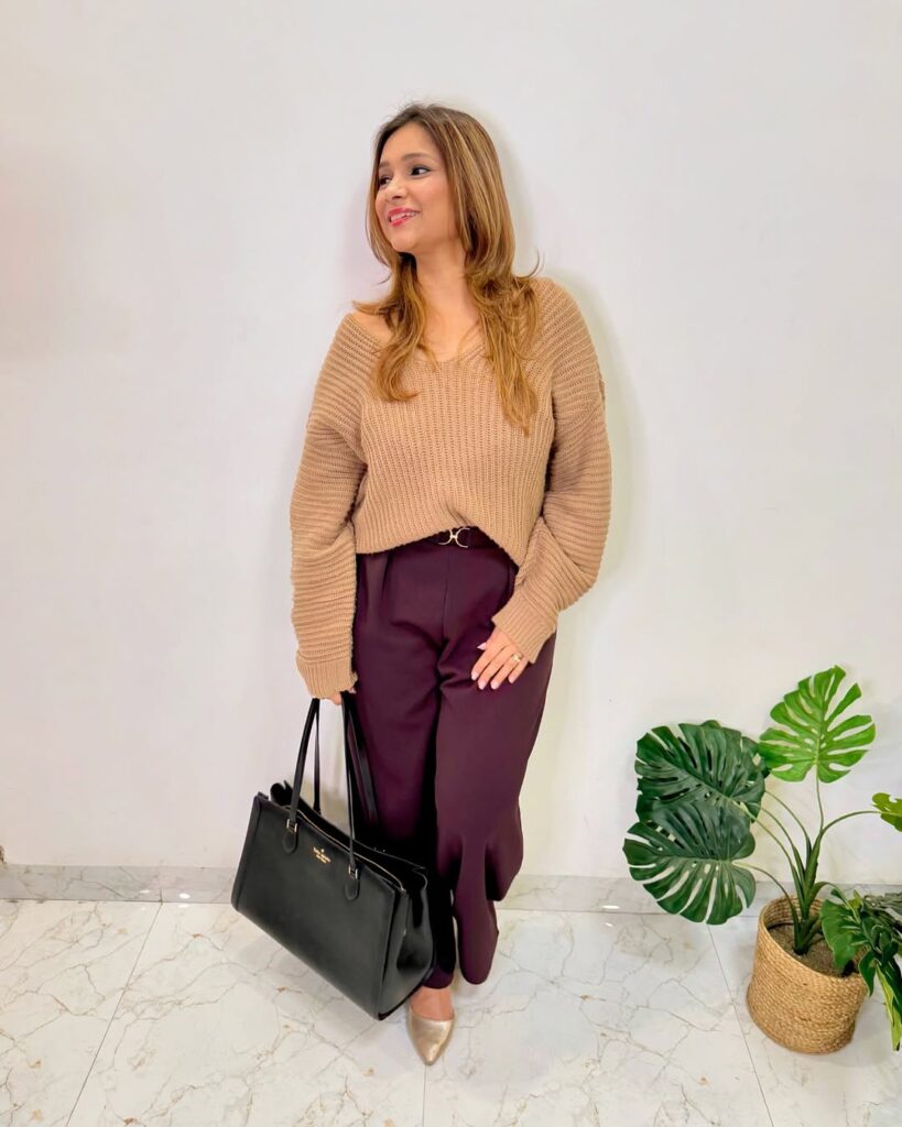 Beige Sweater + Maroon Pants
