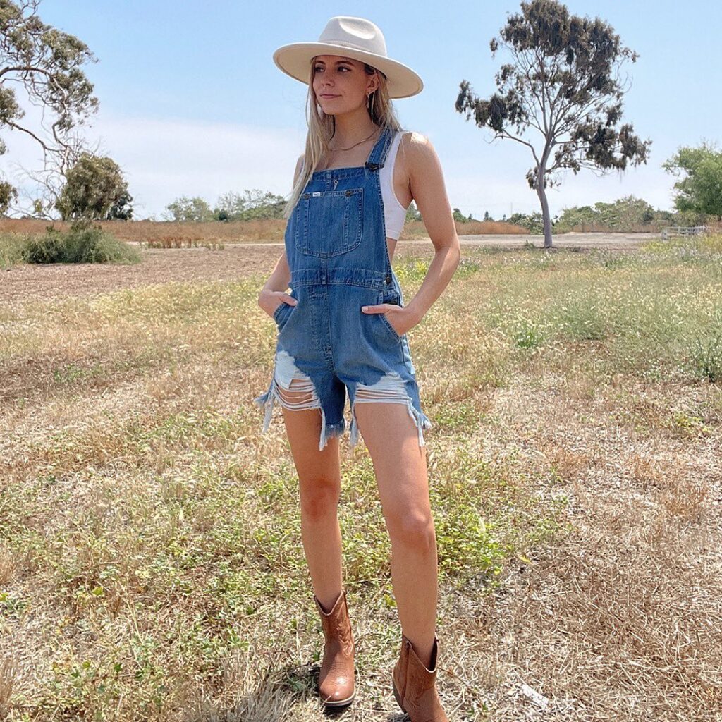 Denim Overalls, Lace Bralette & Boots