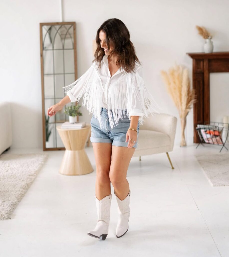 Denim Shorts, Fringe Top & White Cowboy Boots