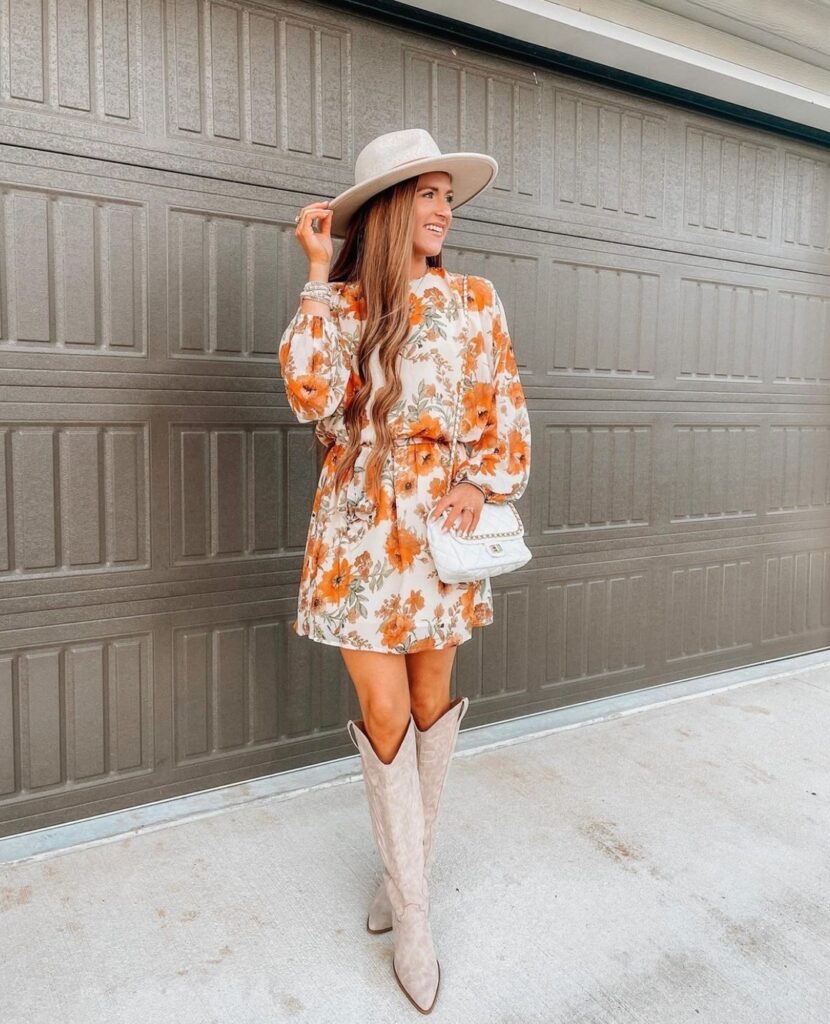 Floral Dress & Tan Cowboy Boots