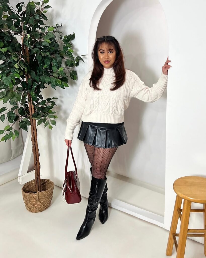 Leather Mini Skirt, Graphic Tee & Studded Boots