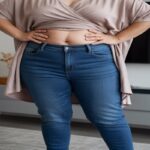 A confident, stylish woman wearing high-rise, dark wash jeans paired with a loose, flowy top that drapes over her midsection to hide belly fat. The outfit is casual chic, designed to flatter the figure and conceal the stomach area. She stands in a modern indoor setting, like a fashion studio or minimalist living room. The lighting is soft and flattering, highlighting the outfit details. The image is wide format, fashion editorial style, emphasizing the outfit from head to toe, with a focus on jeans styling.