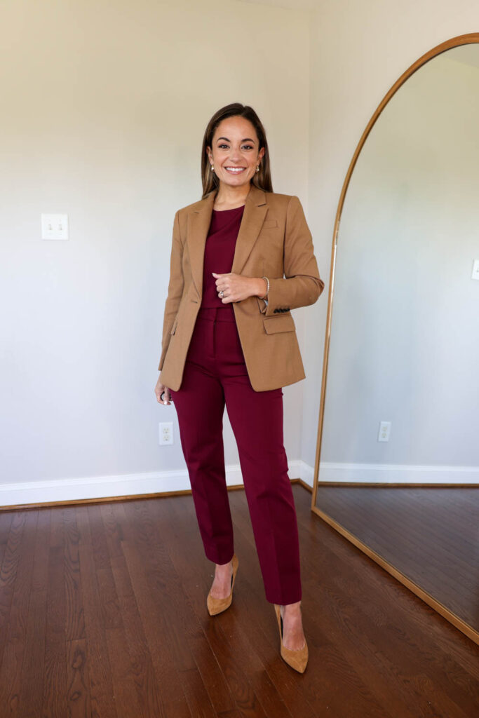 Tan Coat + Maroon Pants
