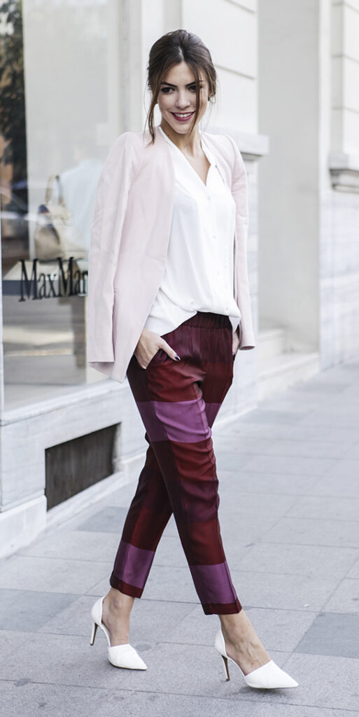 White Sneakers + Maroon Pants
